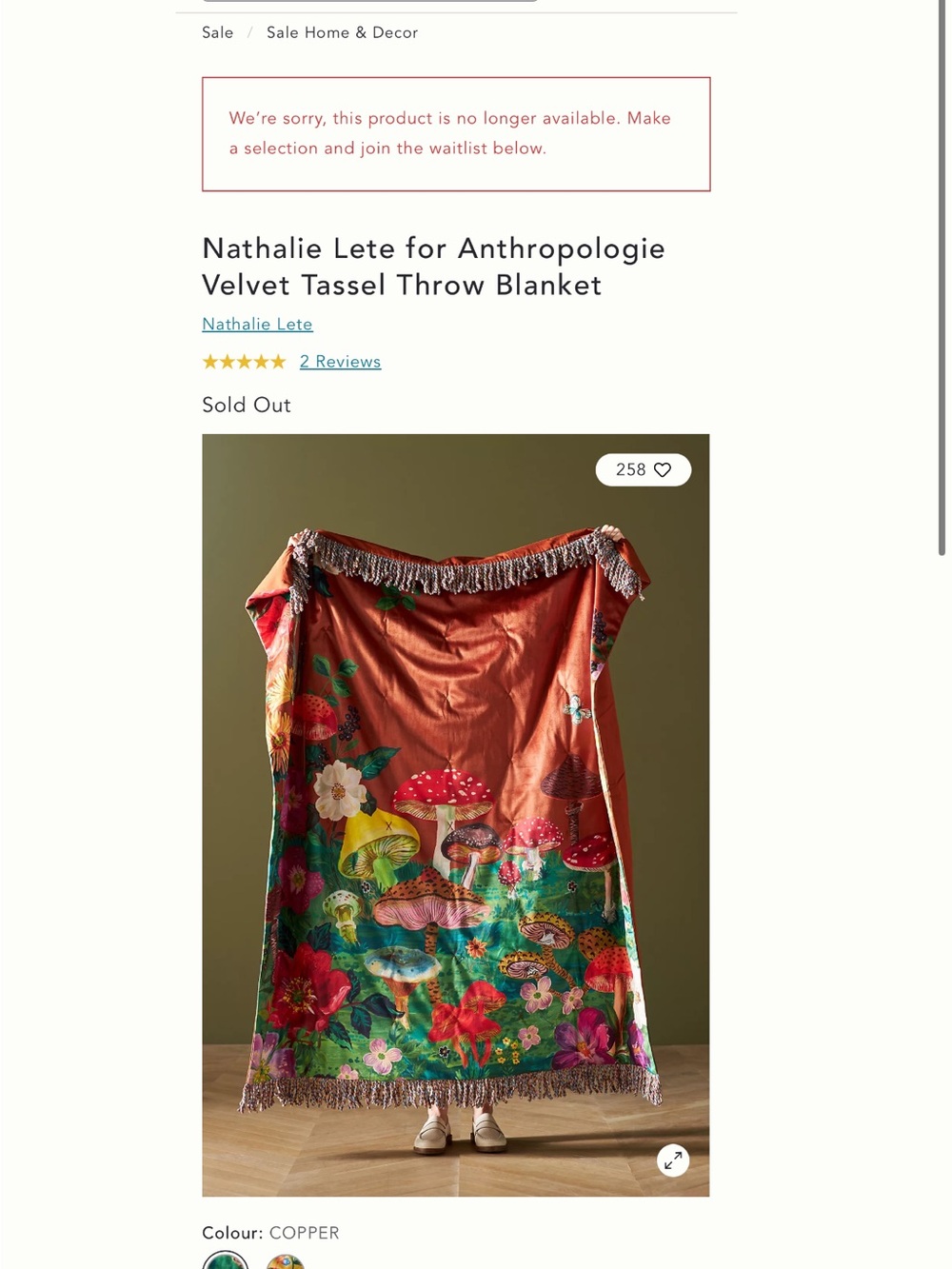 ANTHROPOLOGIE- Sold Out Nathalie Lete Velvet Mushroom Throw Blanket with Tassels